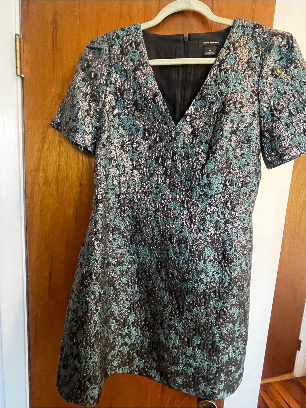 Club Monaco Black and Teal Floral-Textured V-Neck Mini Dress